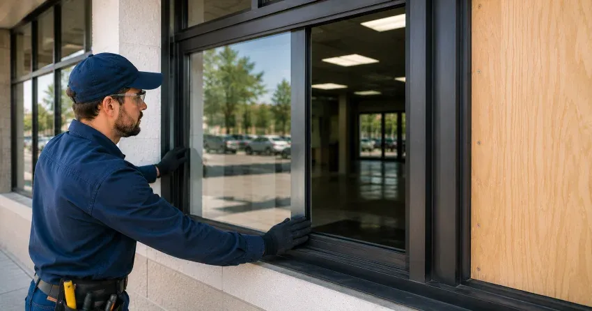technician boarding a broken window after a break-in in University Downs, Waterloo