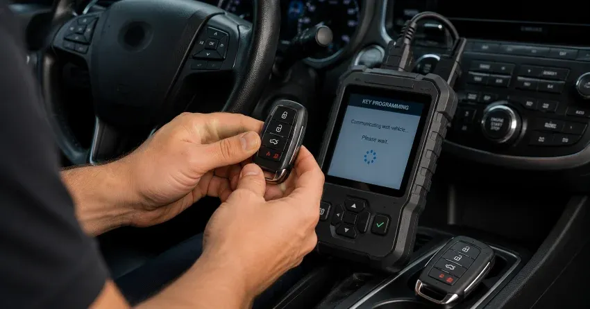 technician inspecting a worn car key before replacement in Lakeshore South, Waterloo