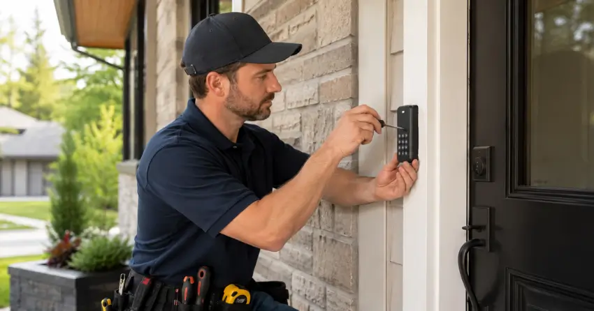 Technician installing an access control system keypad beside a residential front door in Conservation Meadows, Waterloo