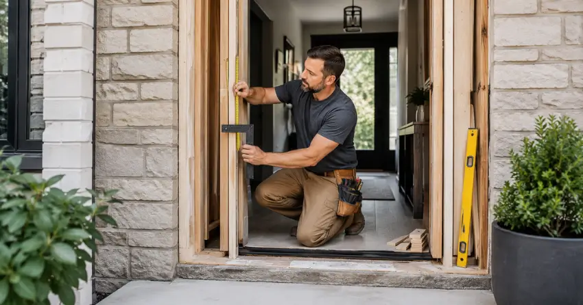 exterior door installer assessing rough opening in Carriage Crossing, Waterloo