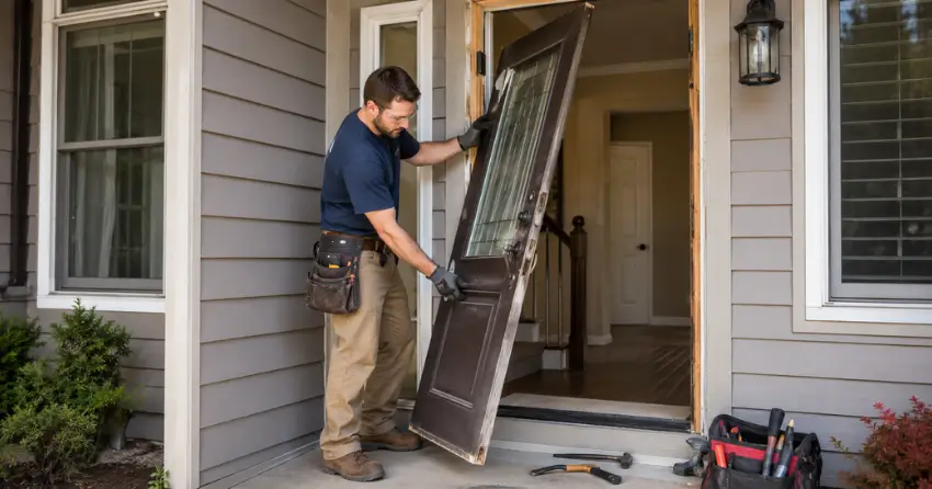 old exterior door being removed for replacement in MacGregor Albert, Waterloo