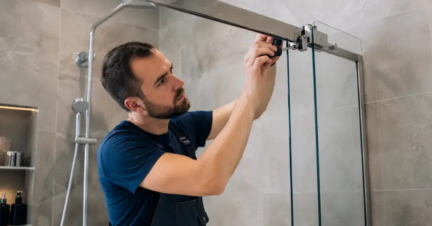 technician adjusting shower door hinge and track in Vista Hills, Waterloo