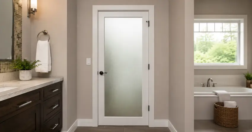 frosted glass panel bathroom door installed in a Carriage Crossing, Waterloo home
