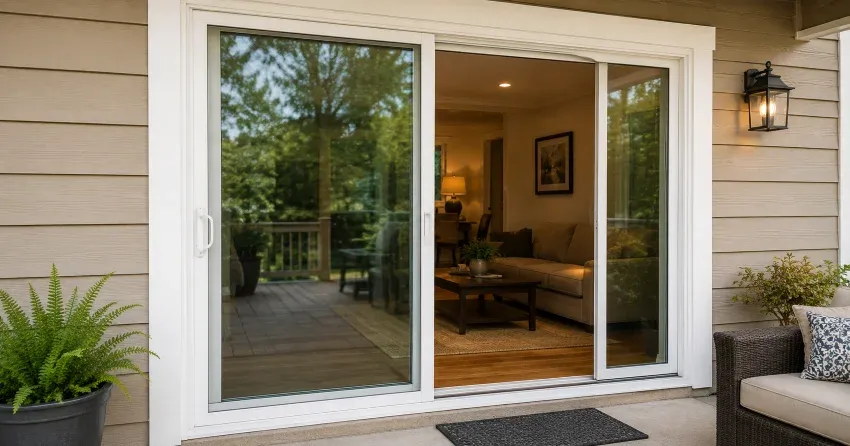 Patio Door Installation technician setting a new frame in Waterloo