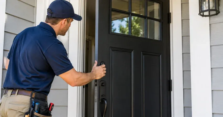 technician adjusting door hinge and strike plate in Waterloo home