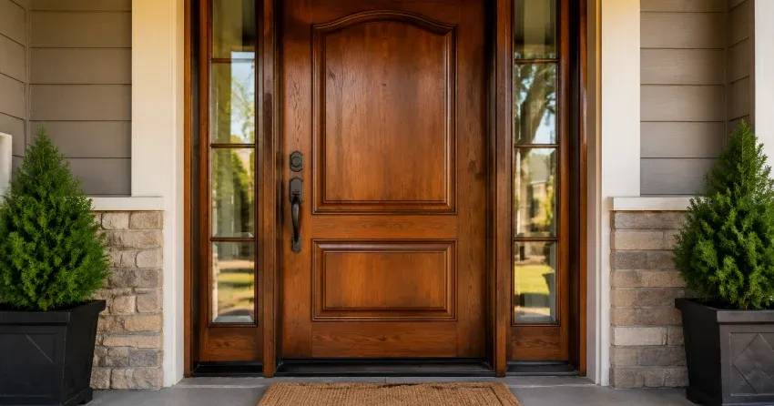 wood door mid-restoration showing stripped bare wood in University Downs, Waterloo