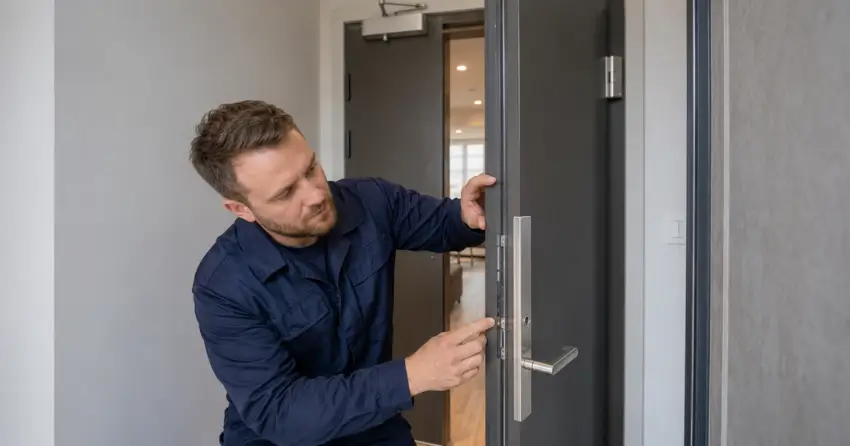 technician inspecting fire-rated door seal and hardware in Columbia Forest, Waterloo
