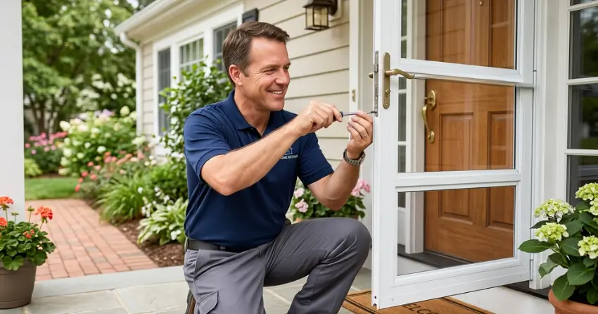 technician adjusting storm door hinge and closer in MacGregor Albert, Waterloo