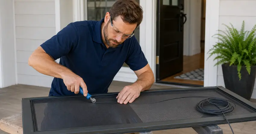 technician replacing screen door mesh and spline in Clair Hills, Waterloo