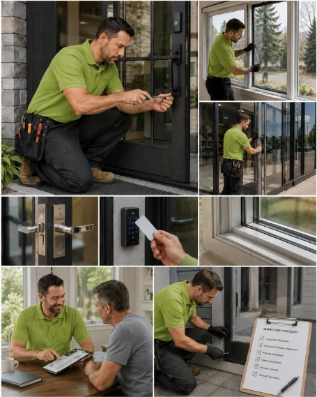 A technician measuring a door frame during an on-site assessment